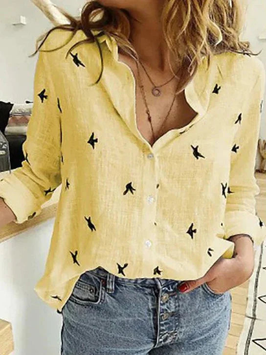 Pippa | Damen Bluse Vogelprint Langarm Knopfleiste