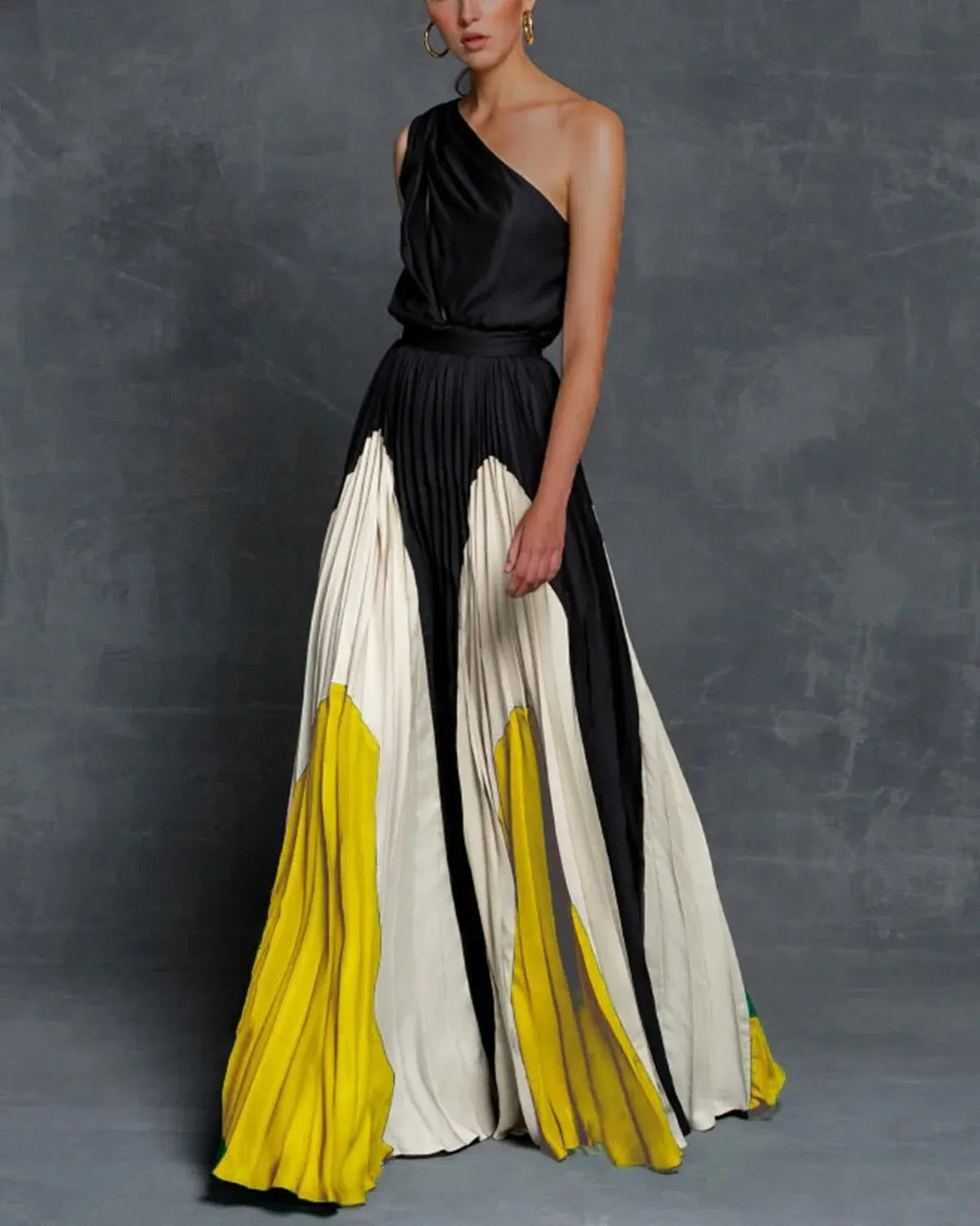Valentina | Damen Maxikleid One-Shoulder Plisseerock Colorblock