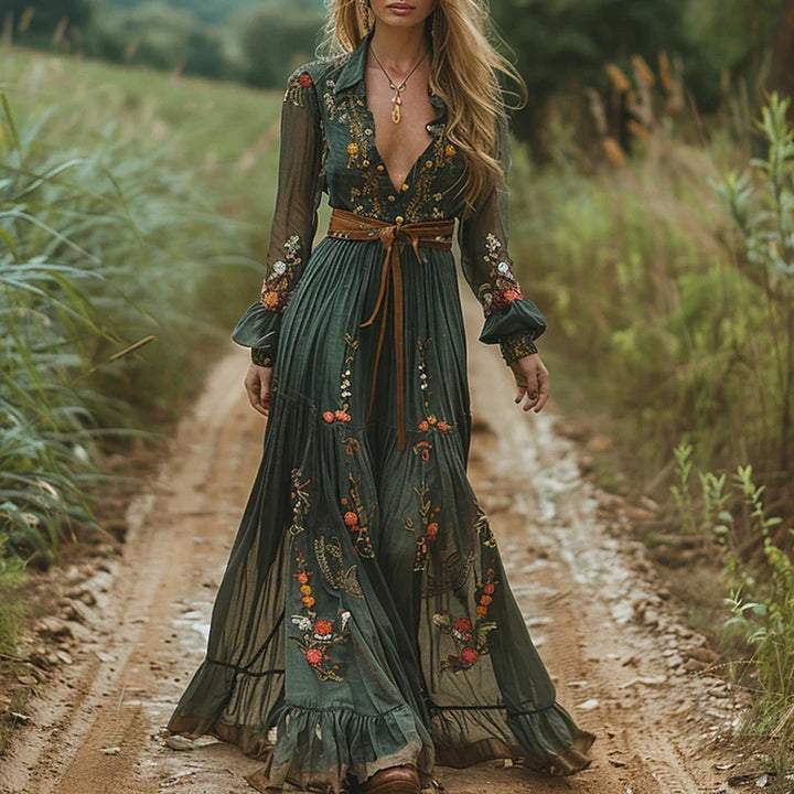 Rosalinde | Damen Boho Maxi-Kleid Blumenstickerei Langarm
