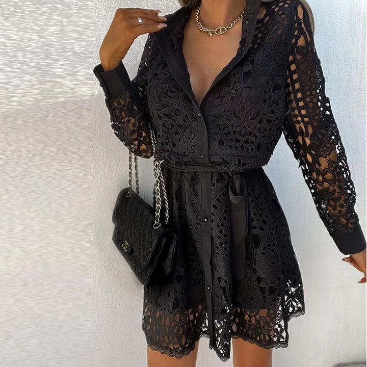 Bianca | Damen Spitzenkleid Langarm V-Ausschnitt Bindegürtel Mini