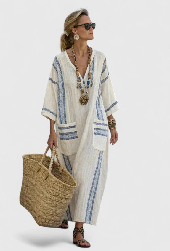 Paloma | Damen Kaftan Maxikleid V-Ausschnitt Gestreift Sommerkleid Boho
