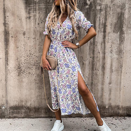 Maja | Damen Sommerkleid Blumenmuster V-Ausschnitt Schlitz