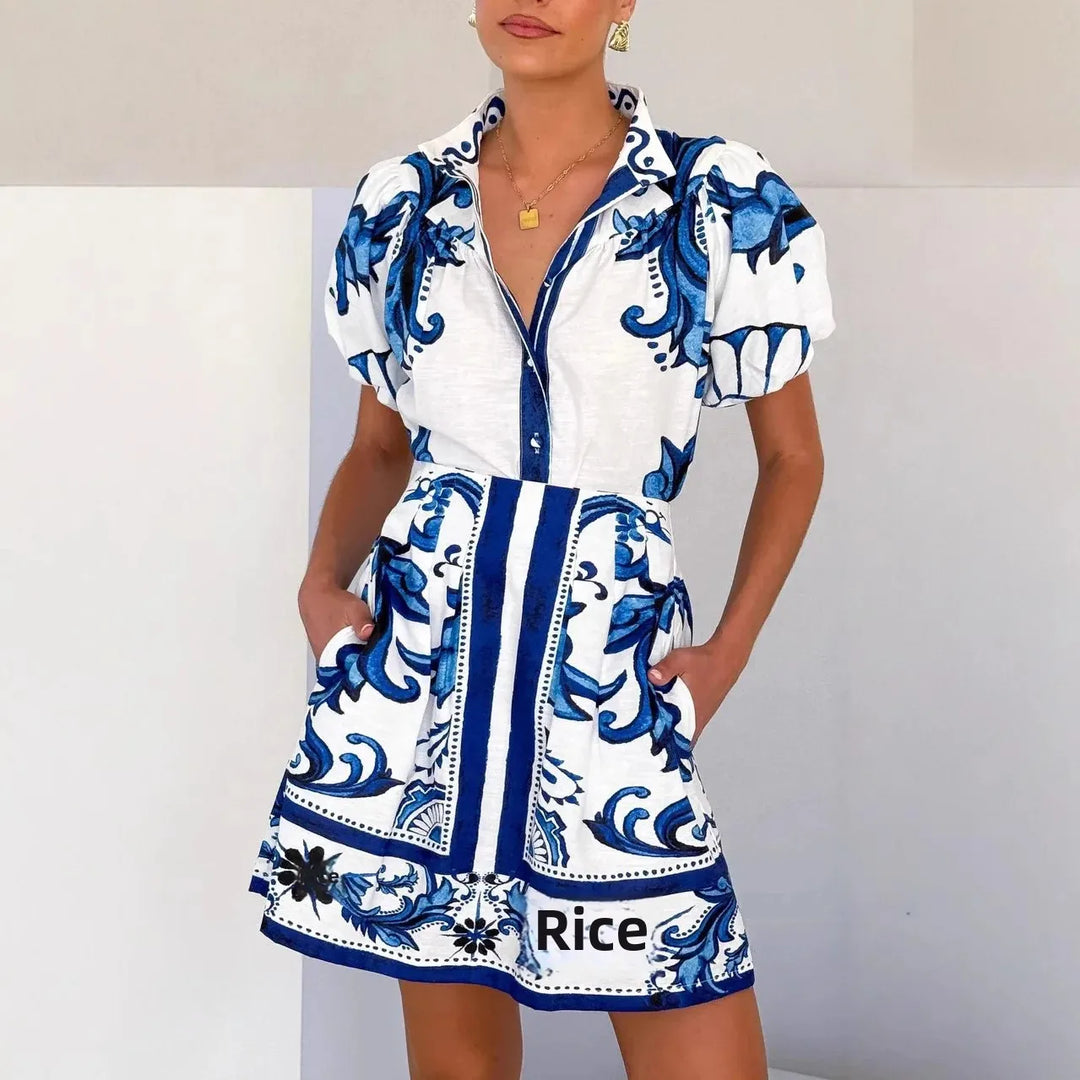 Capri | Damen Minikleid Puffärmel Knopfleiste Floral
