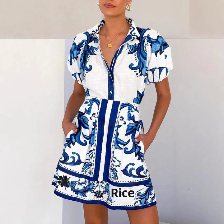 Capri | Damen Minikleid Puffärmel Knopfleiste Floral