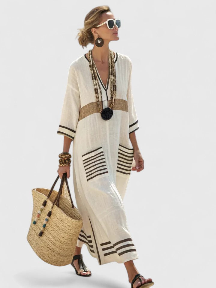 Paloma | Damen Kaftan Maxikleid V-Ausschnitt Gestreift Sommerkleid Boho