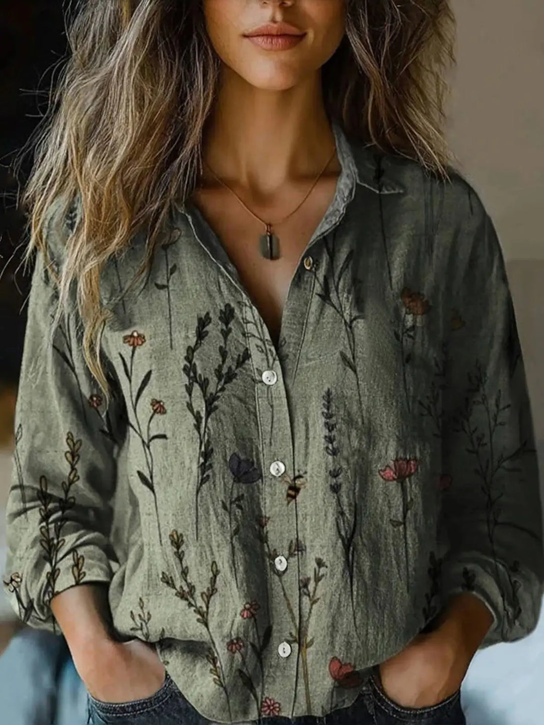 Ilva | Damen Hemdbluse Langarm Vintage Print Knopfleiste