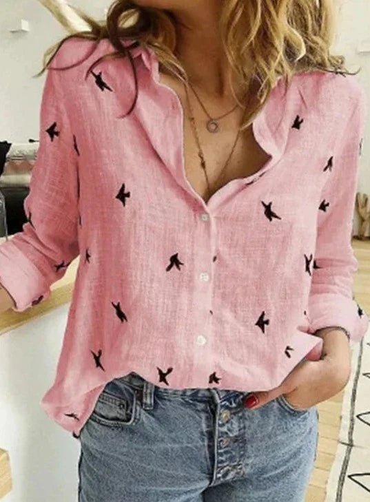 Pippa | Damen Bluse Vogelprint Langarm Knopfleiste
