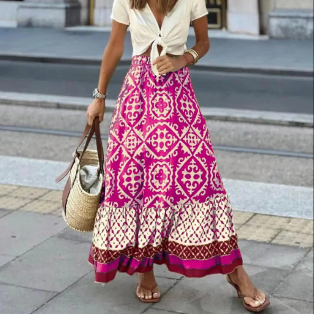 Ines | Damen Maxirock Boho Ornamentmuster High Waist Sommer