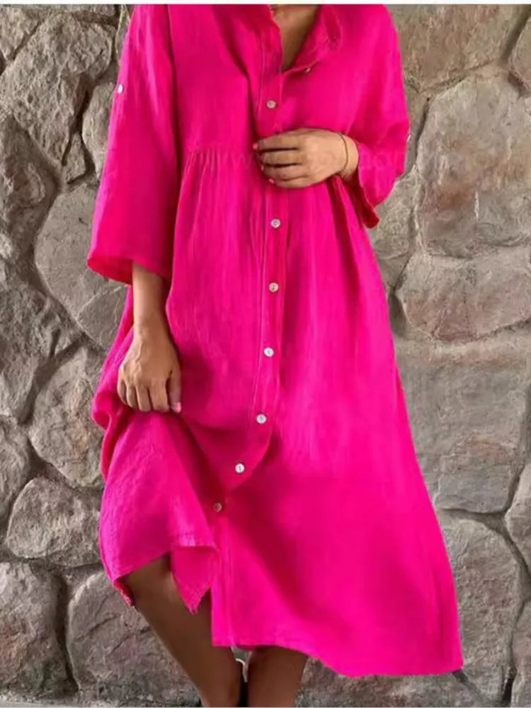 Kosa | Damen Hemdblusenkleid Midi Oversize Sommerkleid