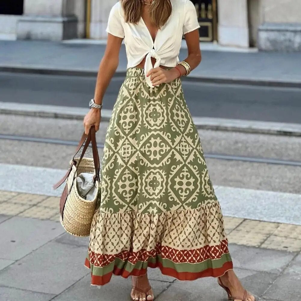 Ines | Damen Maxirock Boho Ornamentmuster High Waist Sommer