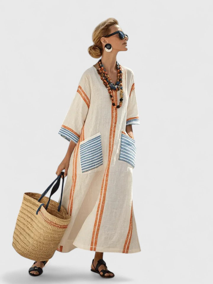 Paloma | Damen Kaftan Maxikleid V-Ausschnitt Gestreift Sommerkleid Boho