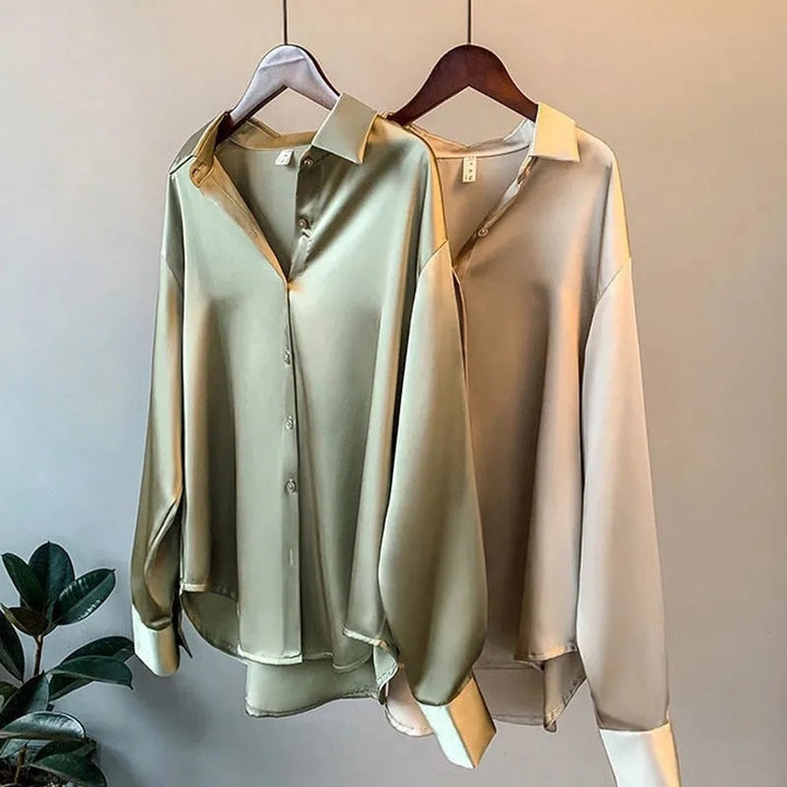 Gina | Damen Satin Bluse Oversized Kragen Knopfleiste