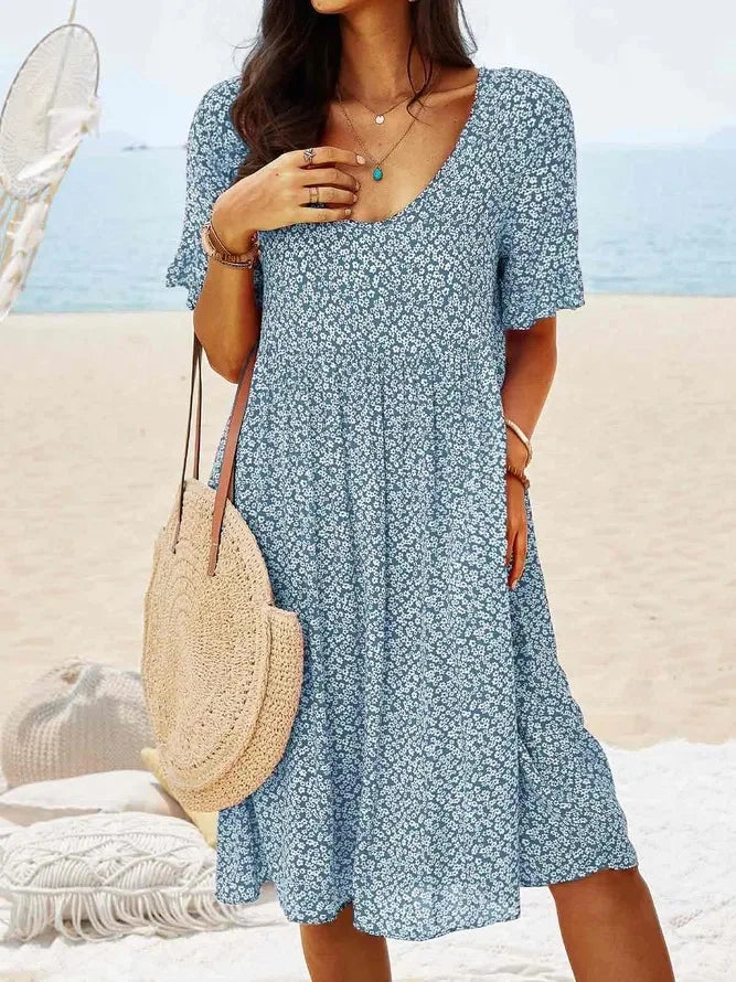 Mara | Damen Sommerkleid Blumen Kurzarm V-Ausschnitt mit Taschen