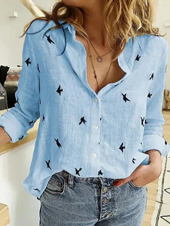 Pippa | Damen Bluse Vogelprint Langarm Knopfleiste
