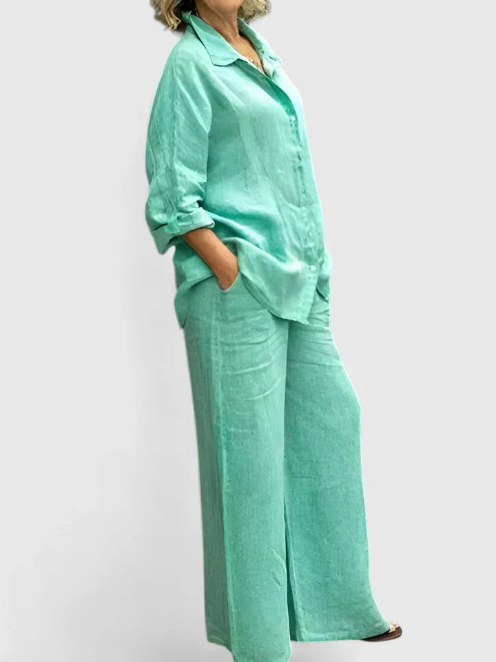Diosa | Damen Set Hemdbluse und Weite Hose Zweiteiler Sommeroutfit