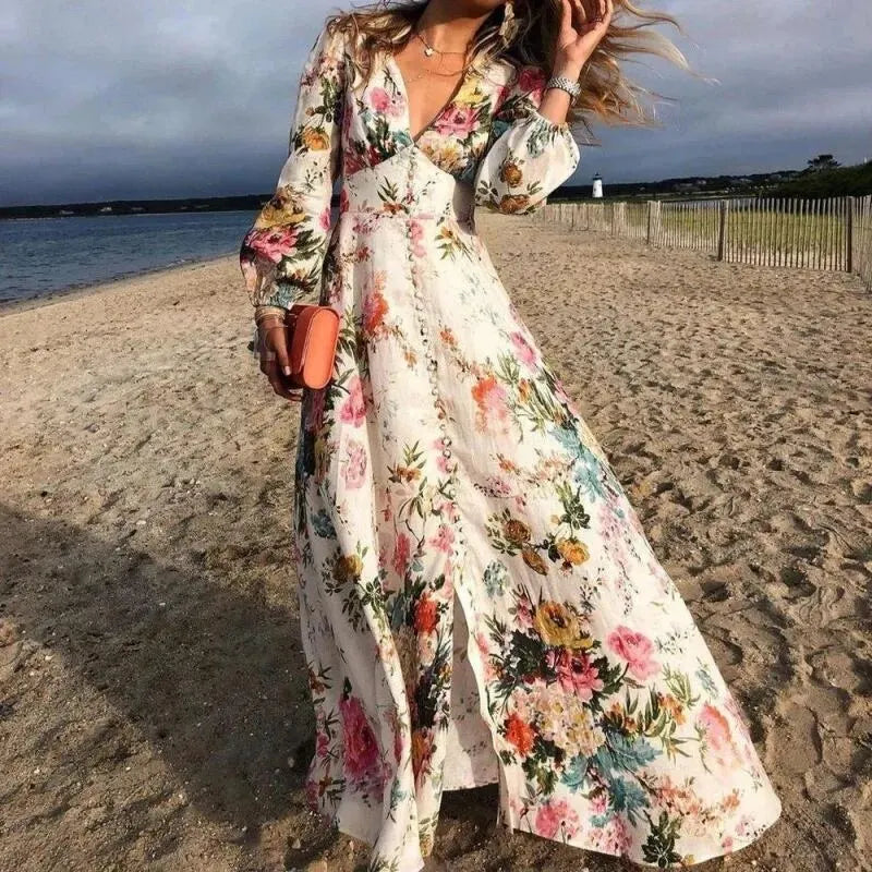 Alma | Damen Maxikleid Blumenmuster V-Ausschnitt Langarm Boho