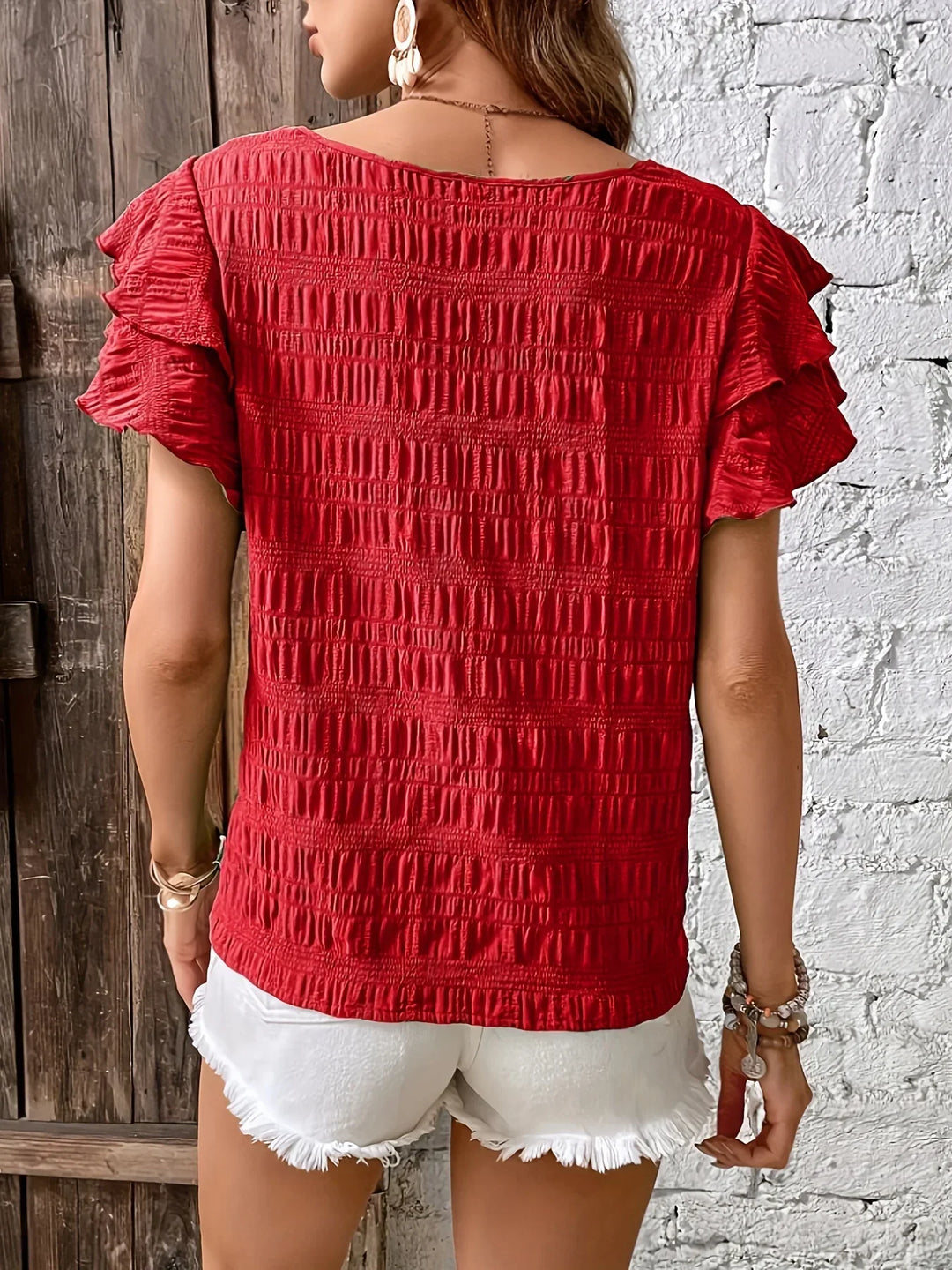 Ruby | Damen Smok-Bluse Kurzarm mit Rüschenärmeln