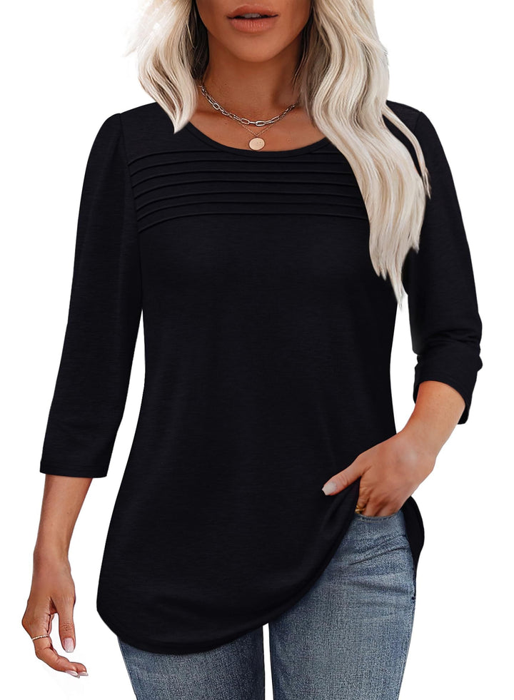 Lecy | Damen Top 3/4 Arm Rundhals mit Faltendetail Unifarbe