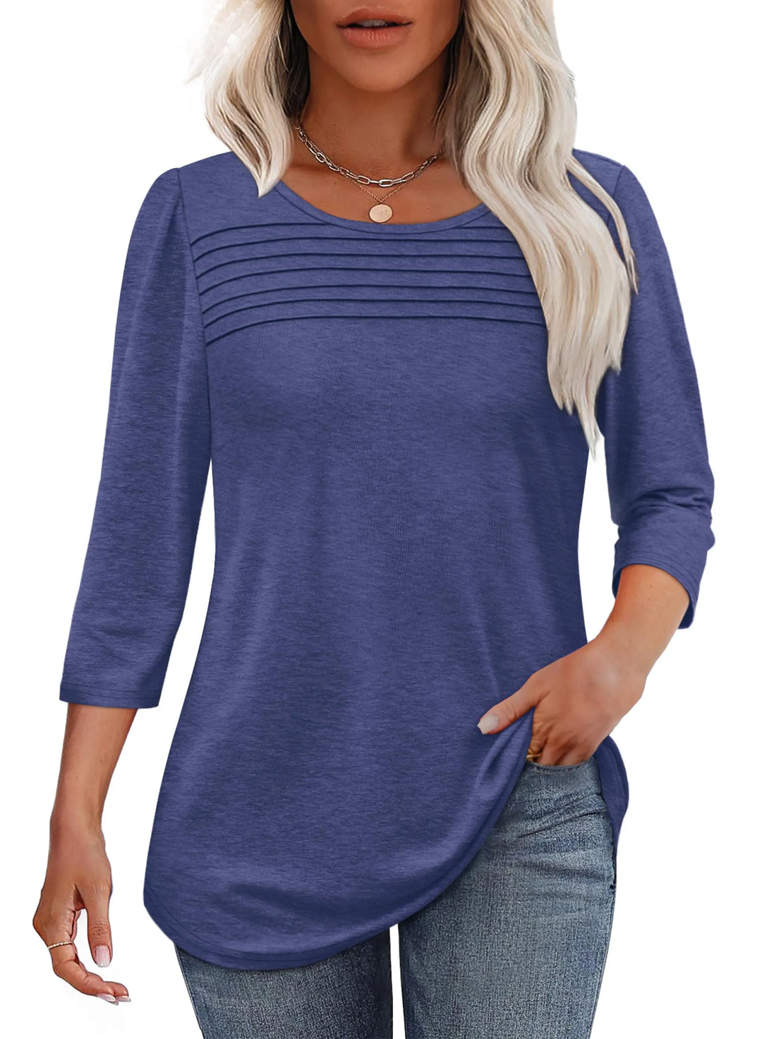 Lecy | Damen Top 3/4 Arm Rundhals mit Faltendetail Unifarbe