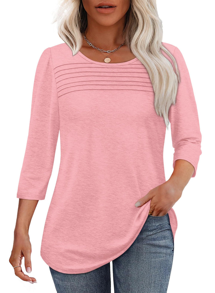 Lecy | Damen Top 3/4 Arm Rundhals mit Faltendetail Unifarbe