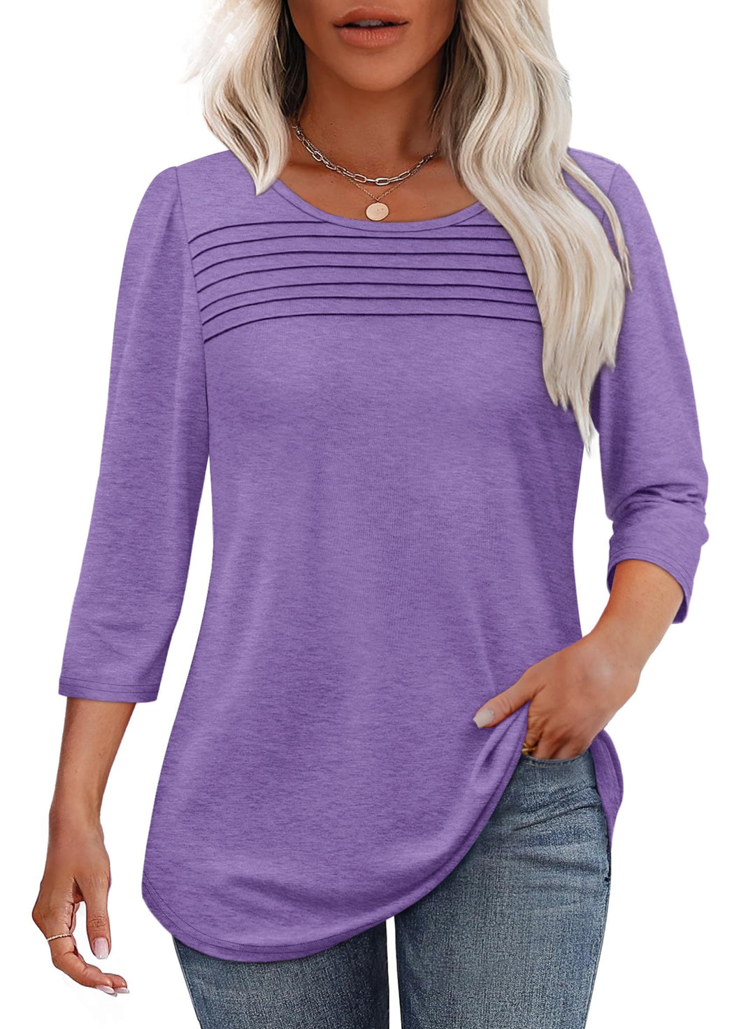 Lecy | Damen Top 3/4 Arm Rundhals mit Faltendetail Unifarbe