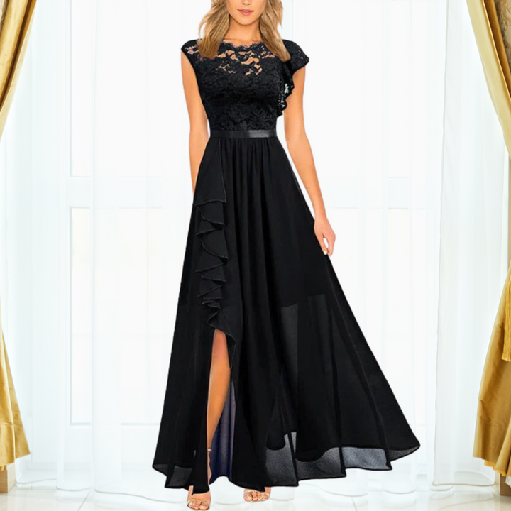 Rona | Damen Spitze Maxi Kleid Abendkleid Chiffon Schlitz Gala