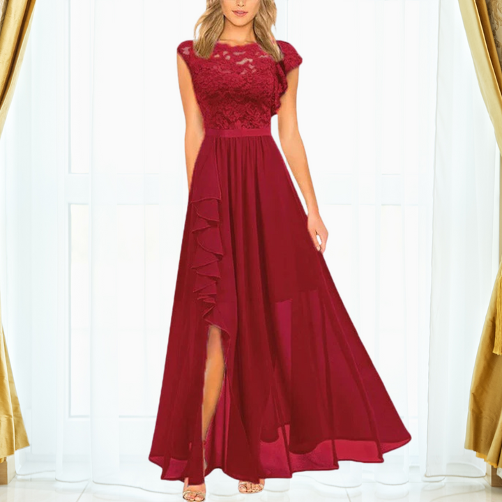 Rona | Damen Spitze Maxi Kleid Abendkleid Chiffon Schlitz Gala
