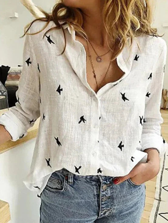 Pippa | Damen Bluse Vogelprint Langarm Knopfleiste