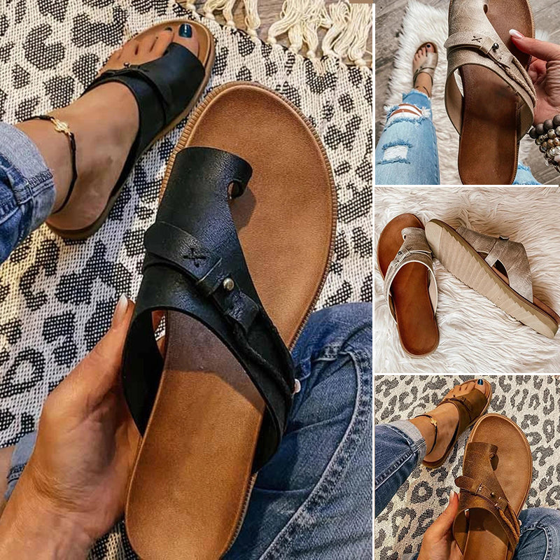 Clezel | Damen Zehensteg Sandalen Flach mit Schnalle