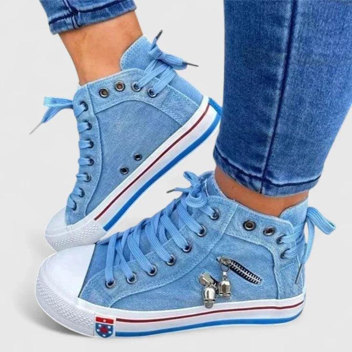 Jenna | Damen High-Top Sneaker Denim Optik Schnürschuh Canvas Freizeitschuh