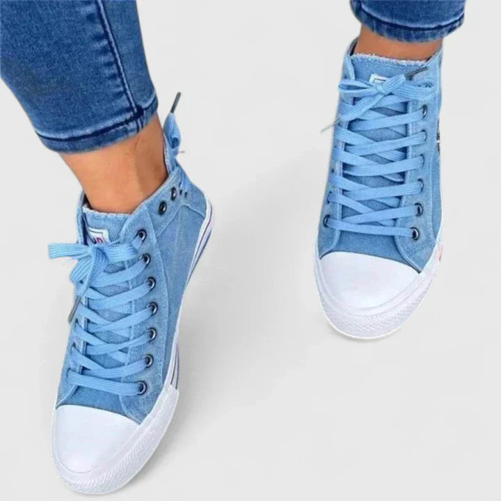 Jenna | Damen High-Top Sneaker Denim Optik Schnürschuh Canvas Freizeitschuh