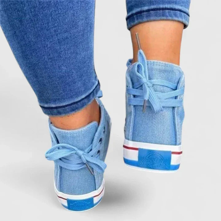 Jenna | Damen High-Top Sneaker Denim Optik Schnürschuh Canvas Freizeitschuh