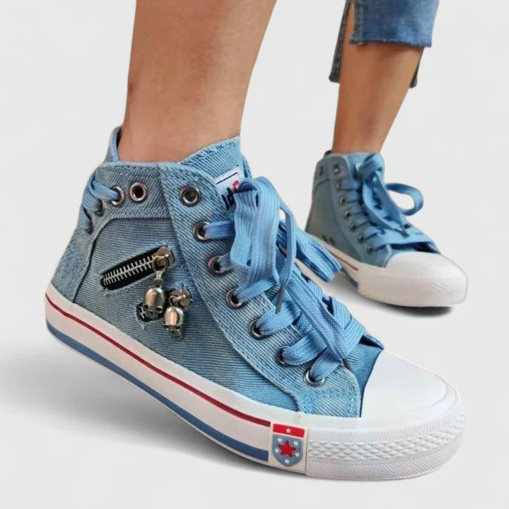 Jenna | Damen High-Top Sneaker Denim Optik Schnürschuh Canvas Freizeitschuh