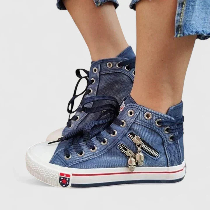 Jenna | Damen High-Top Sneaker Denim Optik Schnürschuh Canvas Freizeitschuh