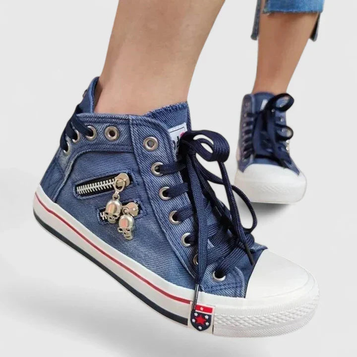 Jenna | Damen High-Top Sneaker Denim Optik Schnürschuh Canvas Freizeitschuh