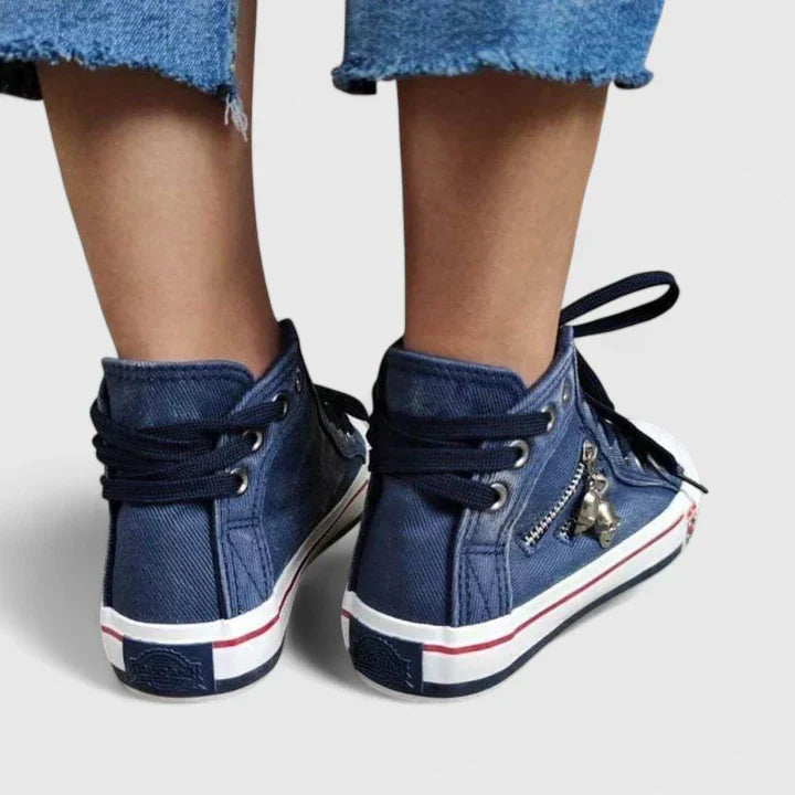 Jenna | Damen High-Top Sneaker Denim Optik Schnürschuh Canvas Freizeitschuh