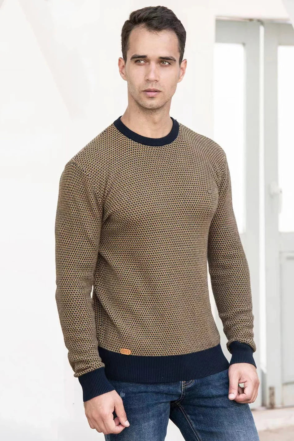 Jasper | Herrenpullover, Rundhalsausschnitt, Melange-Muster, Kontrast