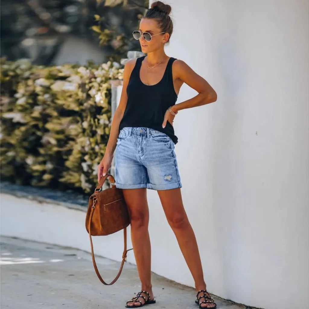 Lexi | Damen Jeans Shorts High Waist Destroyed Umschlag