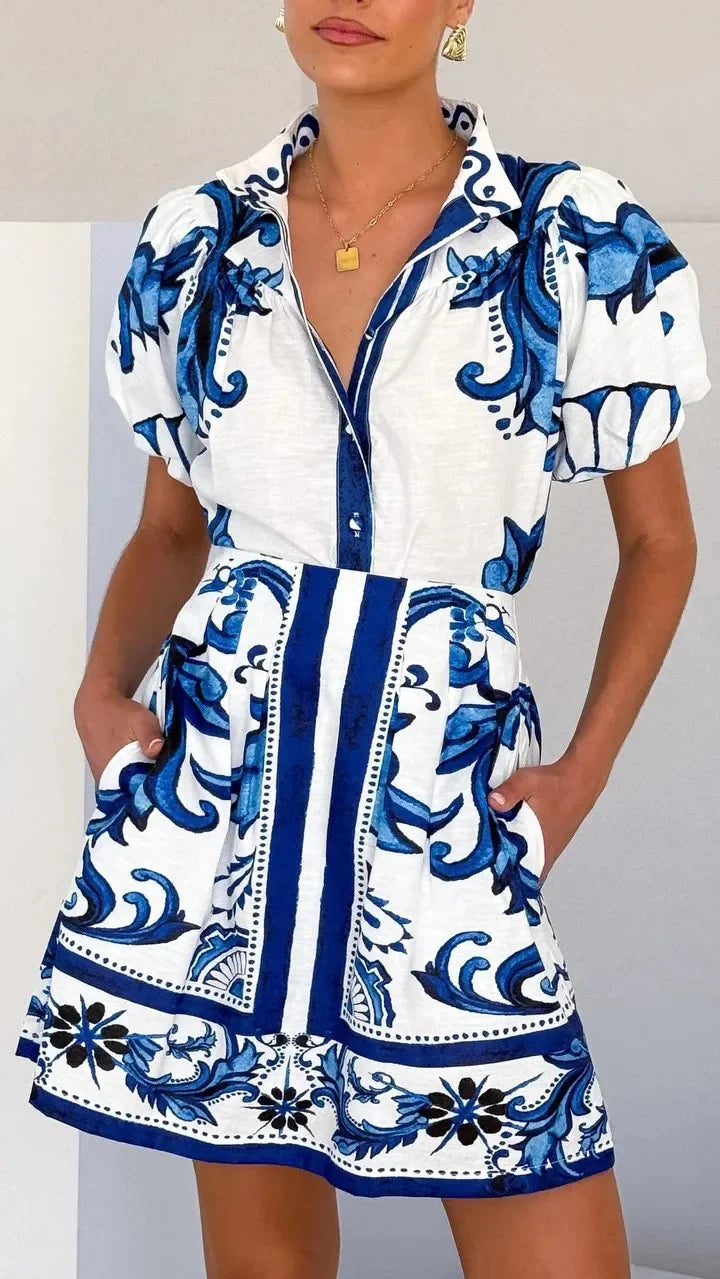 Capri | Damen Minikleid Puffärmel Knopfleiste Floral