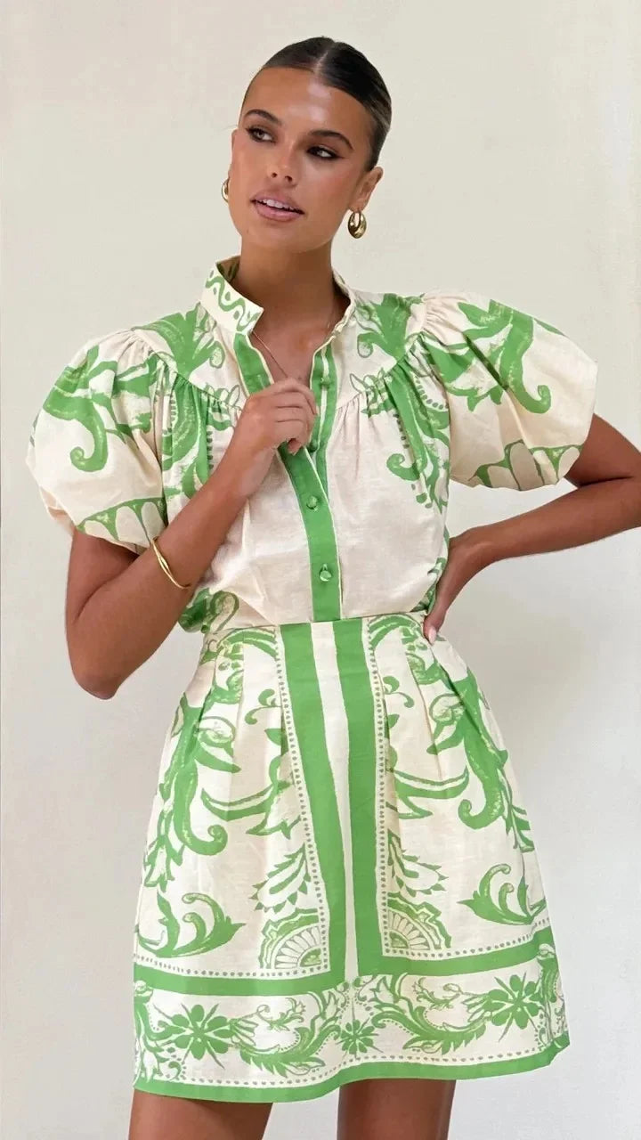 Capri | Damen Minikleid Puffärmel Knopfleiste Floral
