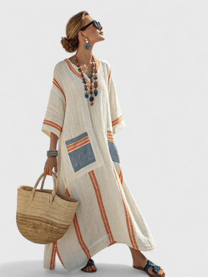 Paloma | Damen Kaftan Maxikleid V-Ausschnitt Gestreift Sommerkleid Boho