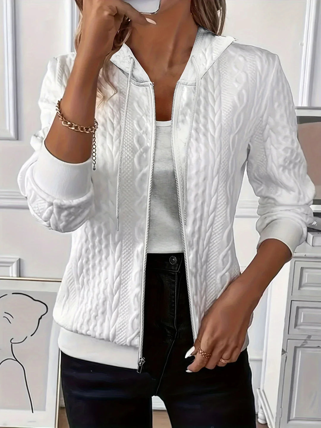 Laijen | Damen-Kapuzenjacke mit Reißverschluss und Zopfmuster
