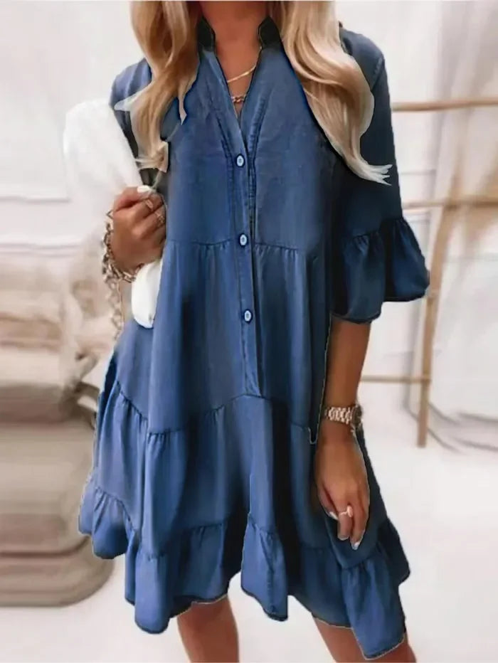 Kelia | Damen Jeanskleid Rüschen Knopfleiste 3/4 Arm Midi