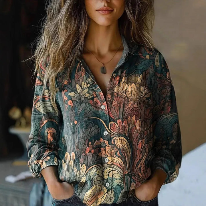 Ilva | Damen Hemdbluse Langarm Vintage Print Knopfleiste