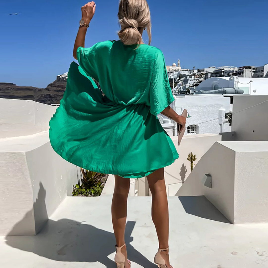 Faye | Damen Wickelkleid Mini V-Ausschnitt Fledermausärmel