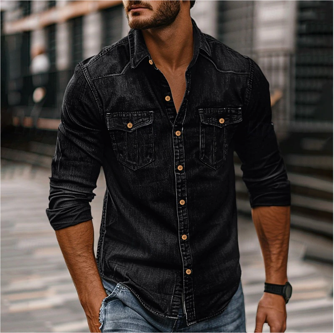 Jake | Herren Jeanshemd Langarm Denim Hemd mit Brusttaschen