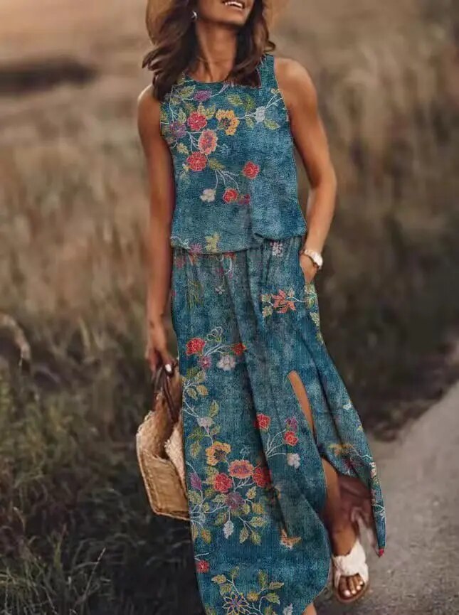 Nina | Damen Maxikleid Ärmellos Rundhals Muster Sommer