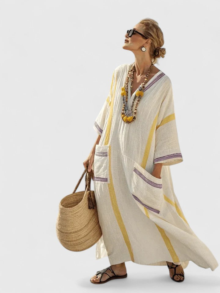 Paloma | Damen Kaftan Maxikleid V-Ausschnitt Gestreift Sommerkleid Boho