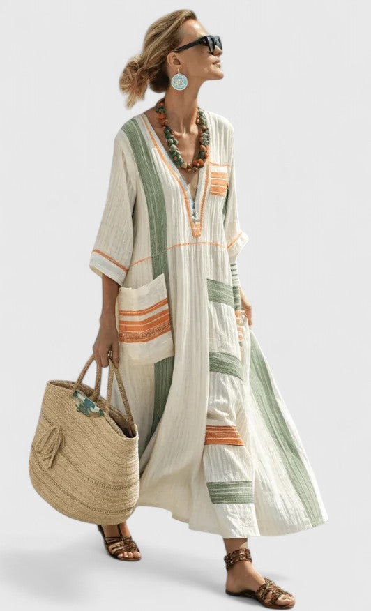 Paloma | Damen Kaftan Maxikleid V-Ausschnitt Gestreift Sommerkleid Boho