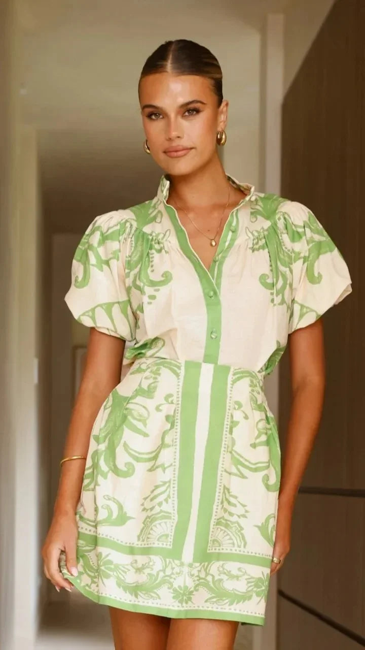 Capri | Damen Minikleid Puffärmel Knopfleiste Floral